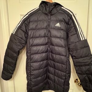 Adidas Women’s Black Hooded Down Puffer Jacket with Signature Stripes